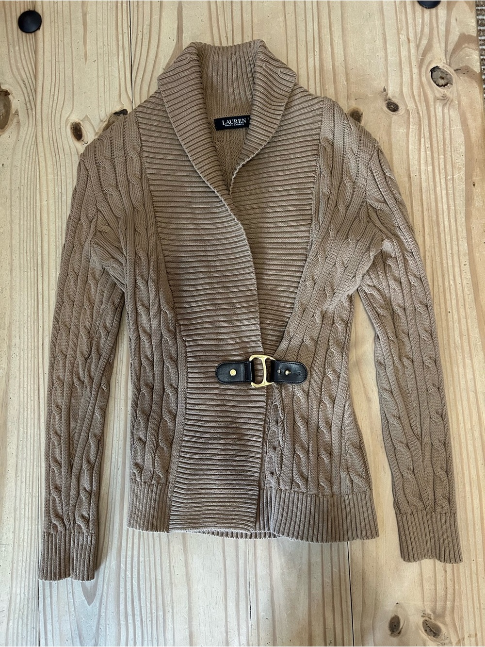 Lauren Ralph Lauren Women's Cable Knit Shawl Collar Cardigan - Tan - LIKE NEW